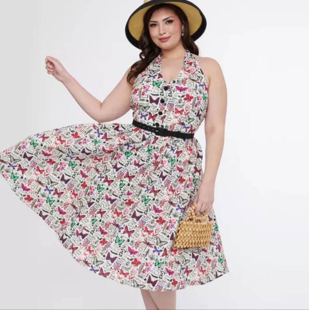 Unique Vintage Plus Size 1950s Butterfly Print Halter Swing Dress 5X